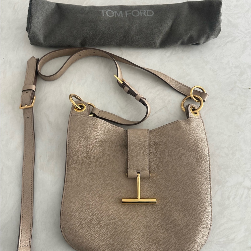 Tom Ford Tara Taupe Leather Shoulder Bag with Gold Accents